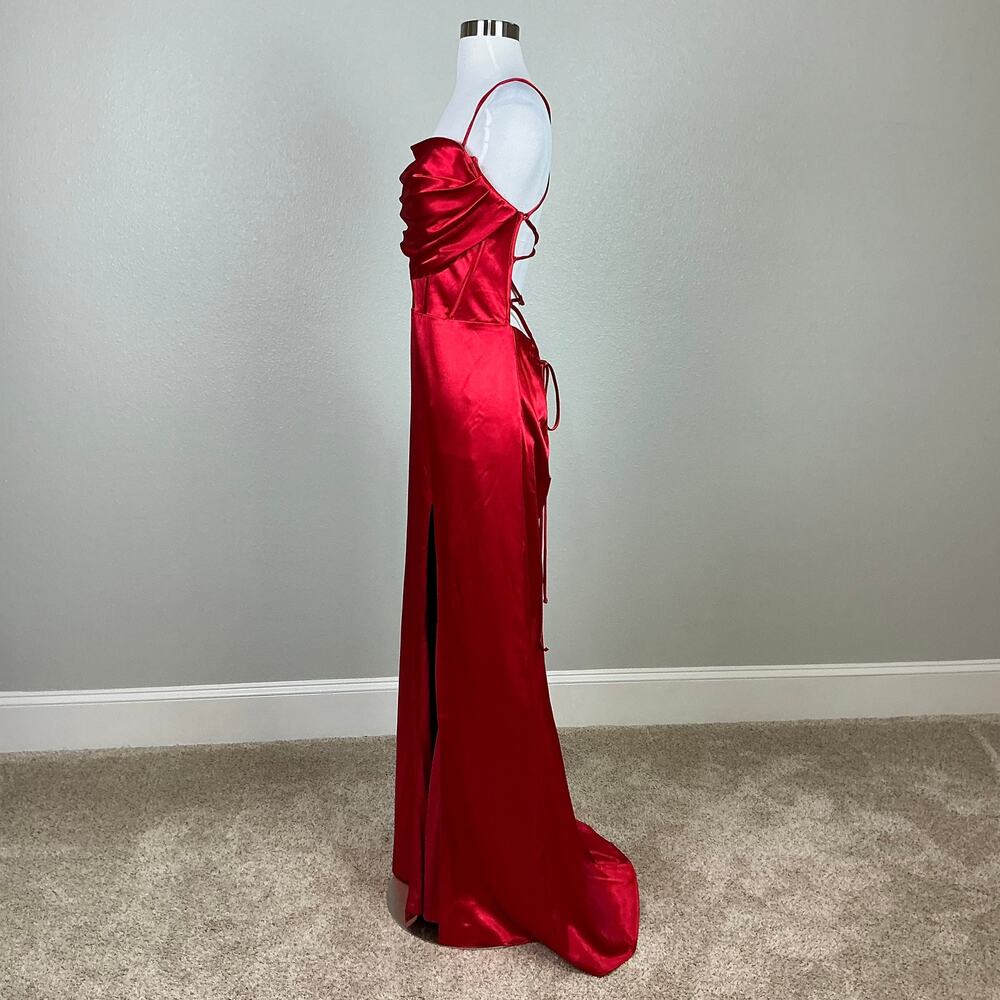Blondie Nites Red Evening Gown Satin Backless Long Formal Column Dress Size 13 - Picture 7 of 12